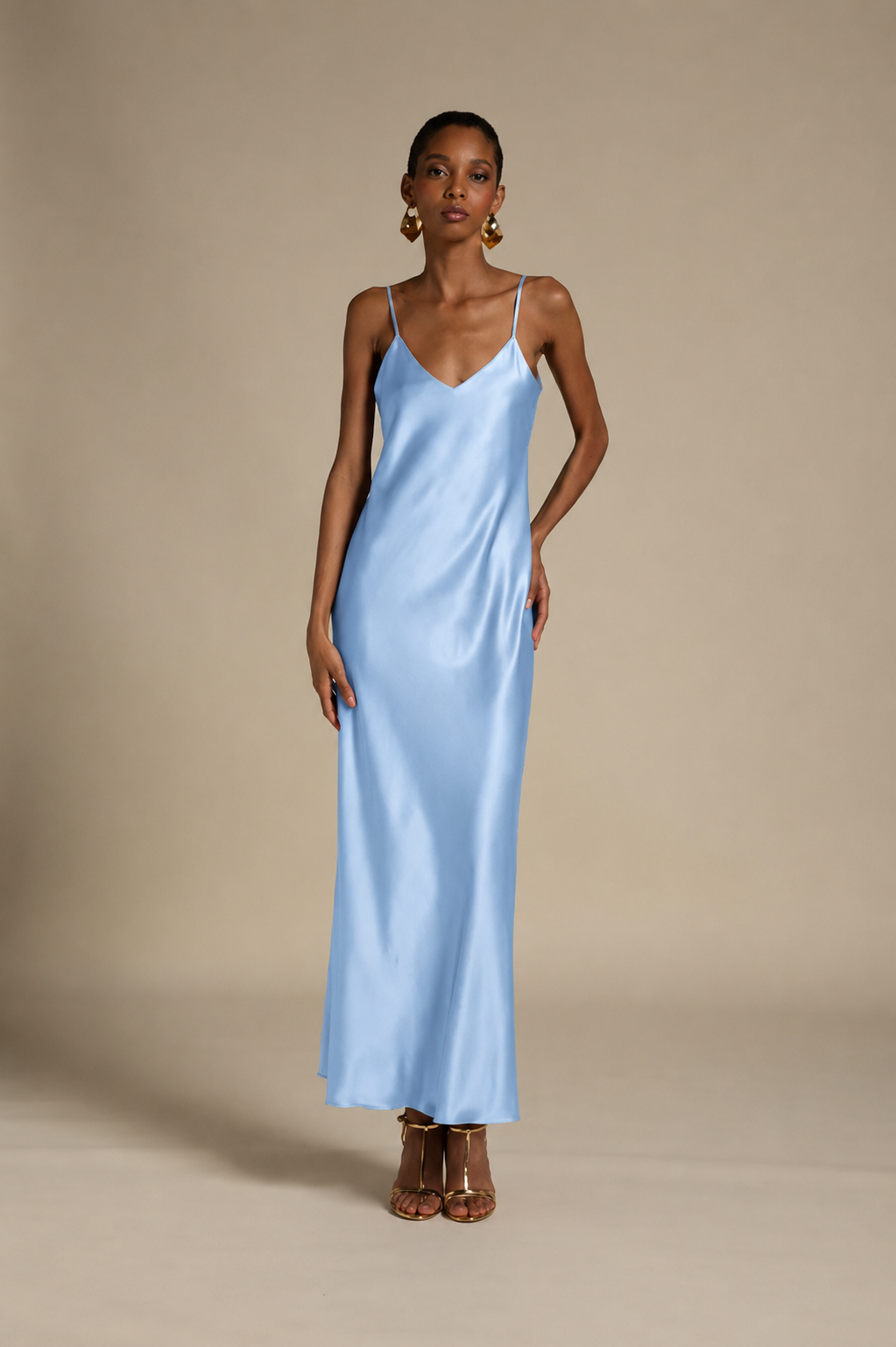 light blue slip dress Long sky satin with thin straps and V-neckline front and back Retro Restocks Color:Sea Blue kate spade new york
