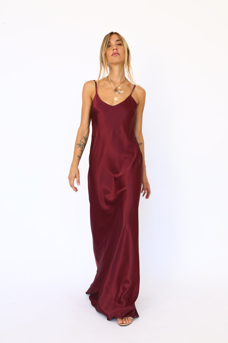 Long spaghetti strap burgundy satin dress