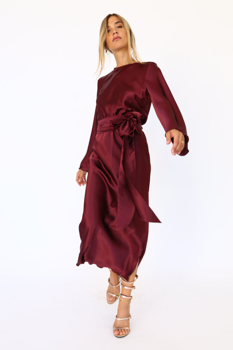 Burgundy satin midi dress with long sleeves and a keyhole back