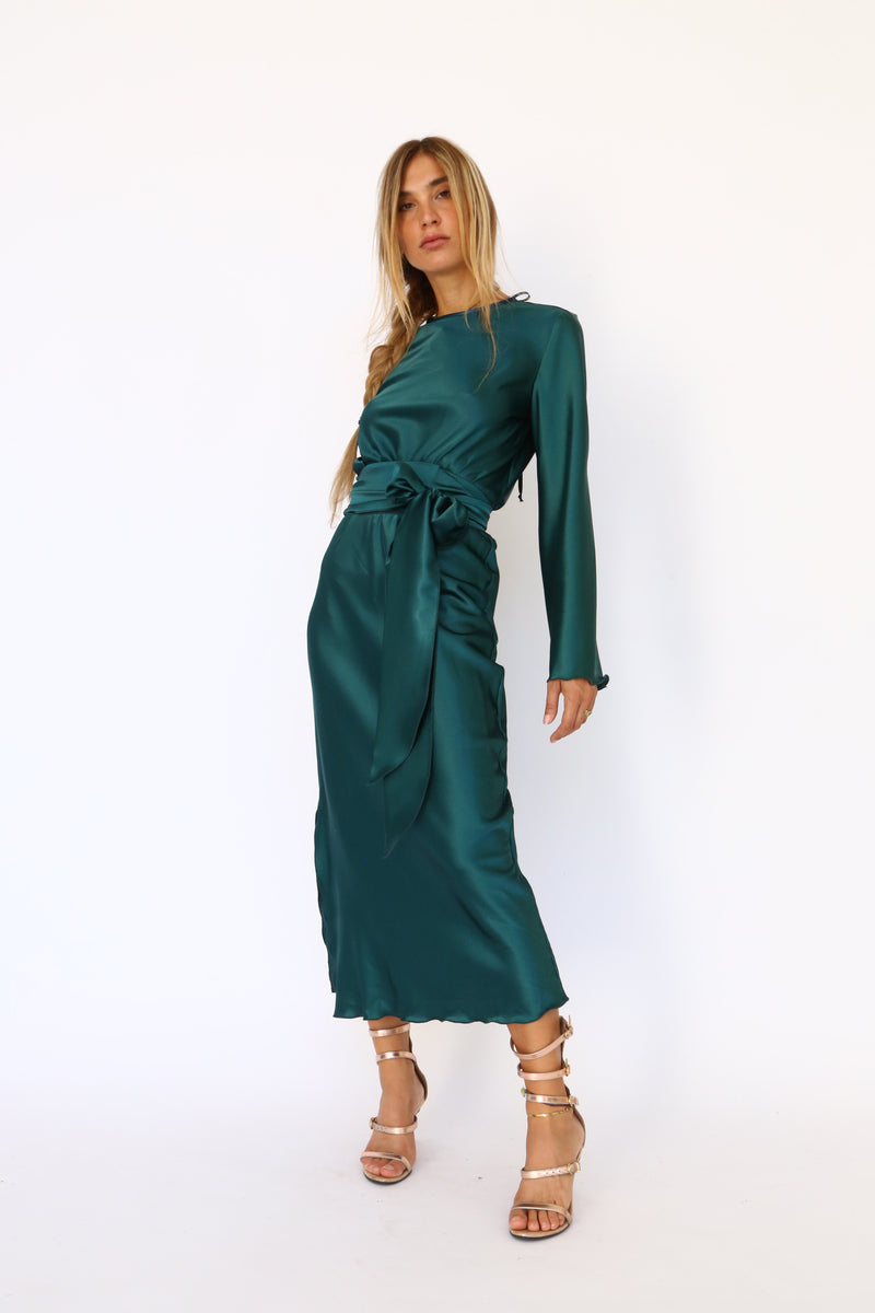 Bottle green satin midi dress with long sleeves and a keyhole back