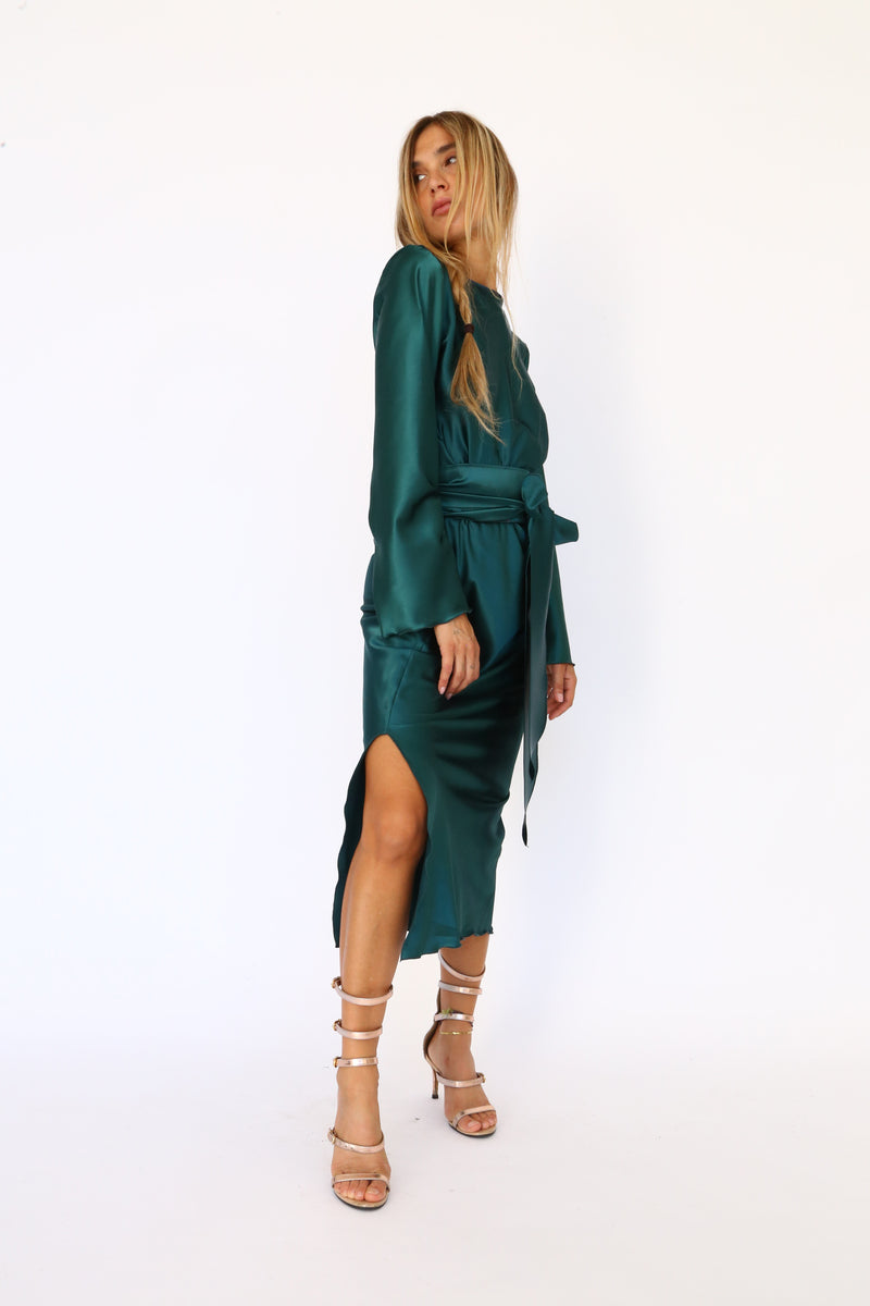 Bottle green satin midi dress with long sleeves and a keyhole back