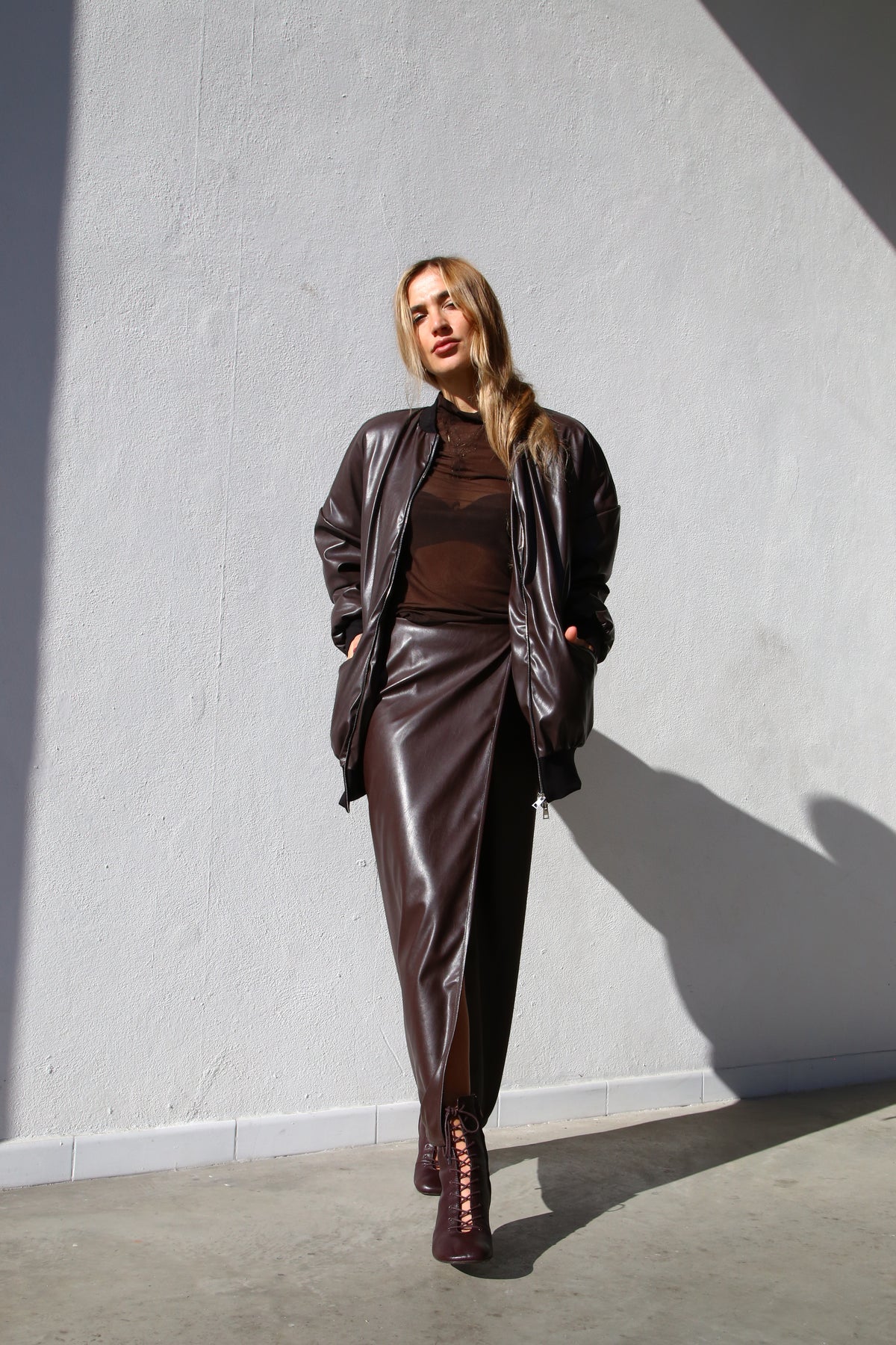 A6060 BROWN FAUX LEATHER WRAP SKIRT