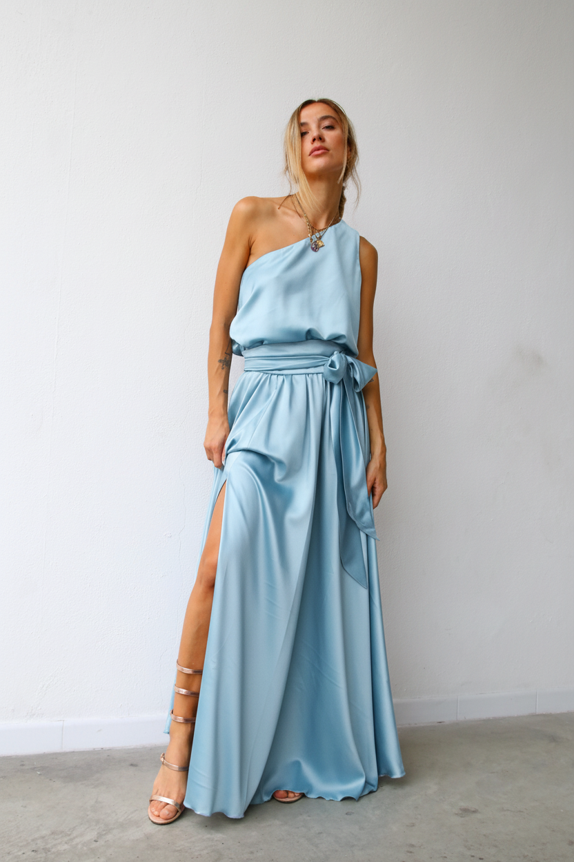 P3160 ABITO LUNGO MONOSPALLA CON CINTURA AZZURRO CIELO