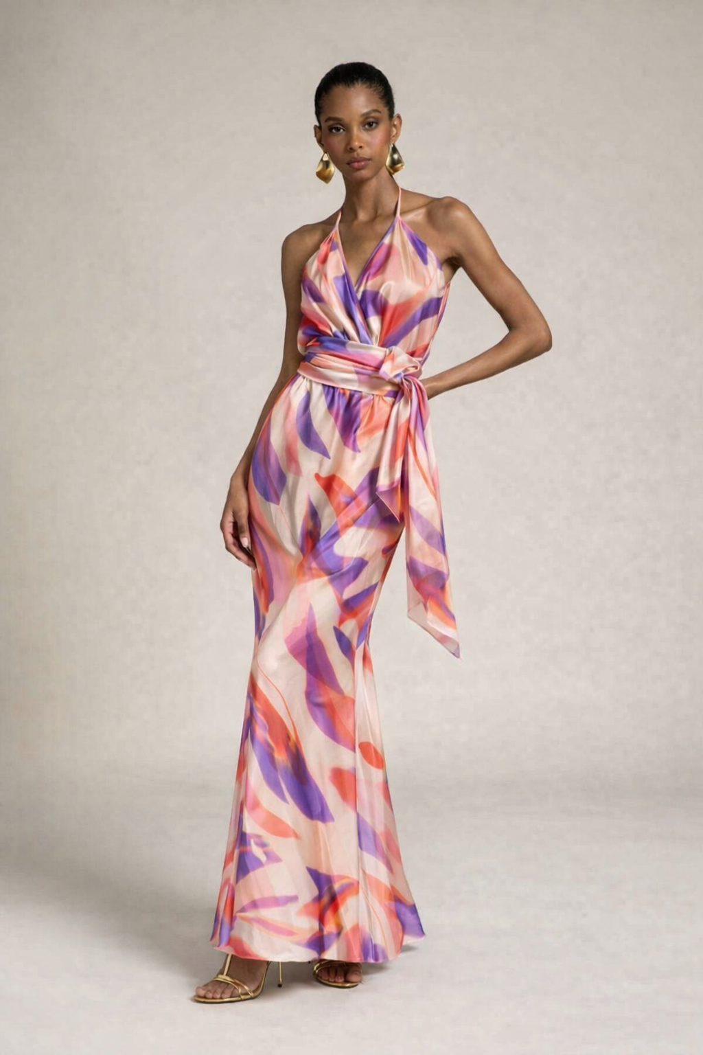 P5172 ABITO LUNGO SVASATO CON FIOCCO DAVANTI FANTASIA PALME VIOLA