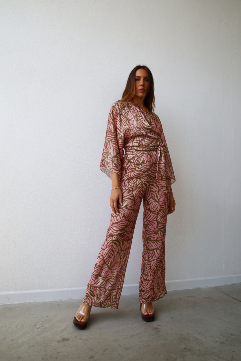 P6052 PANTALONI A PALAZZO F7 LUREX PESCA FOGLIE VERDI