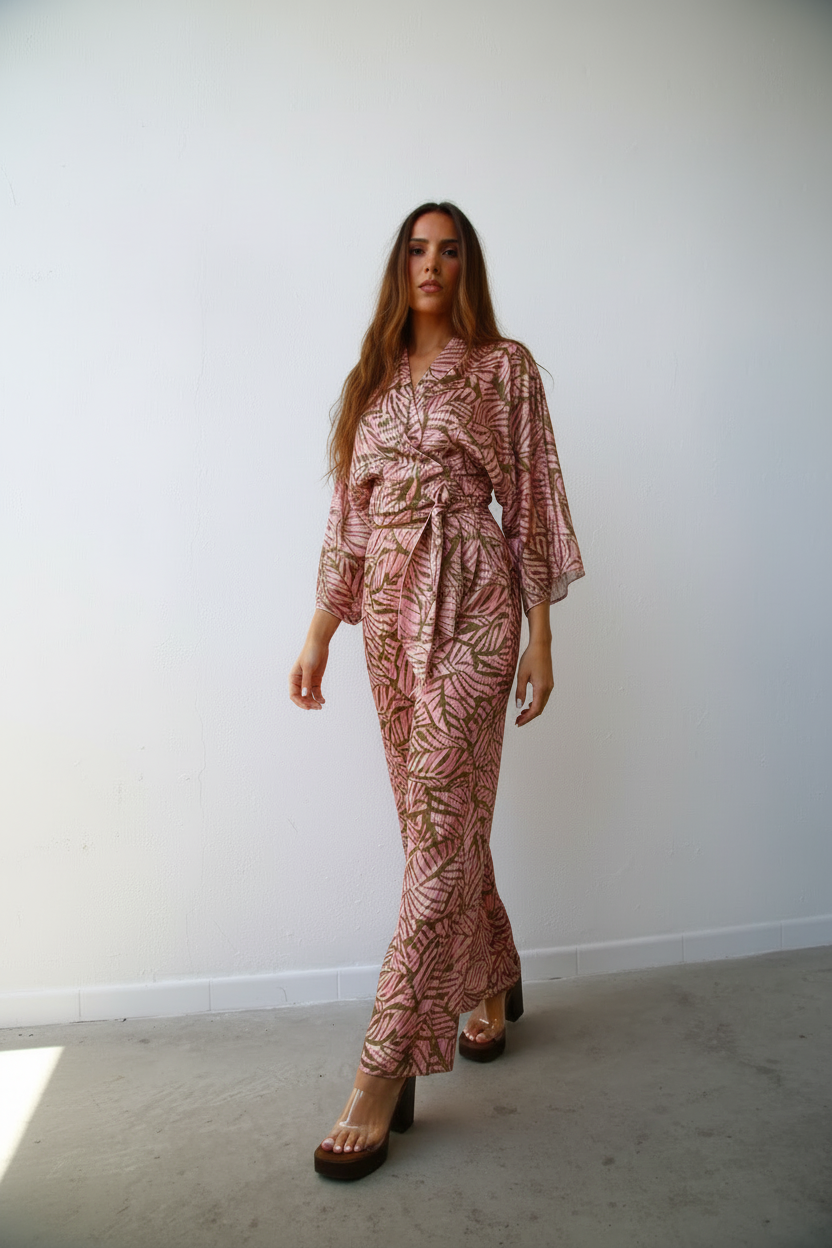 P6052 PANTALONI A PALAZZO F7 LUREX PESCA FOGLIE VERDI