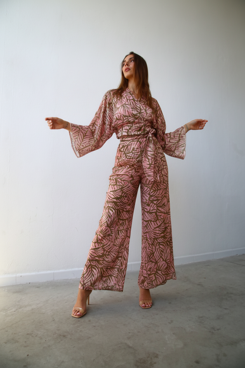 P6052 PANTALONI A PALAZZO F7 LUREX PESCA FOGLIE VERDI