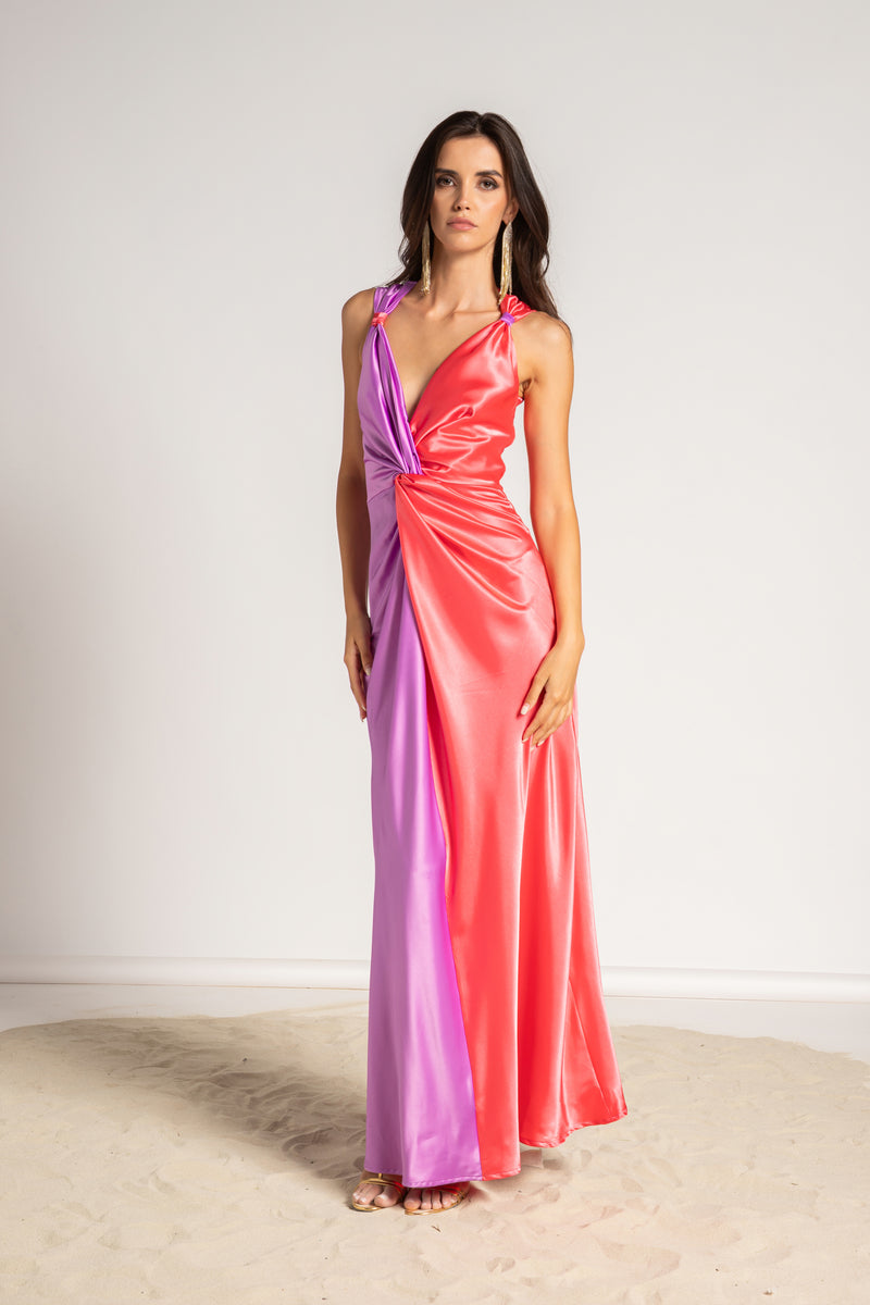 P6166 ABITO LUNGO BICOLOR CON NODO LILLA E CORALLO