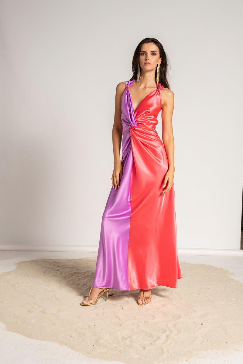 P6166 ABITO LUNGO BICOLOR CON NODO LILLA E CORALLO