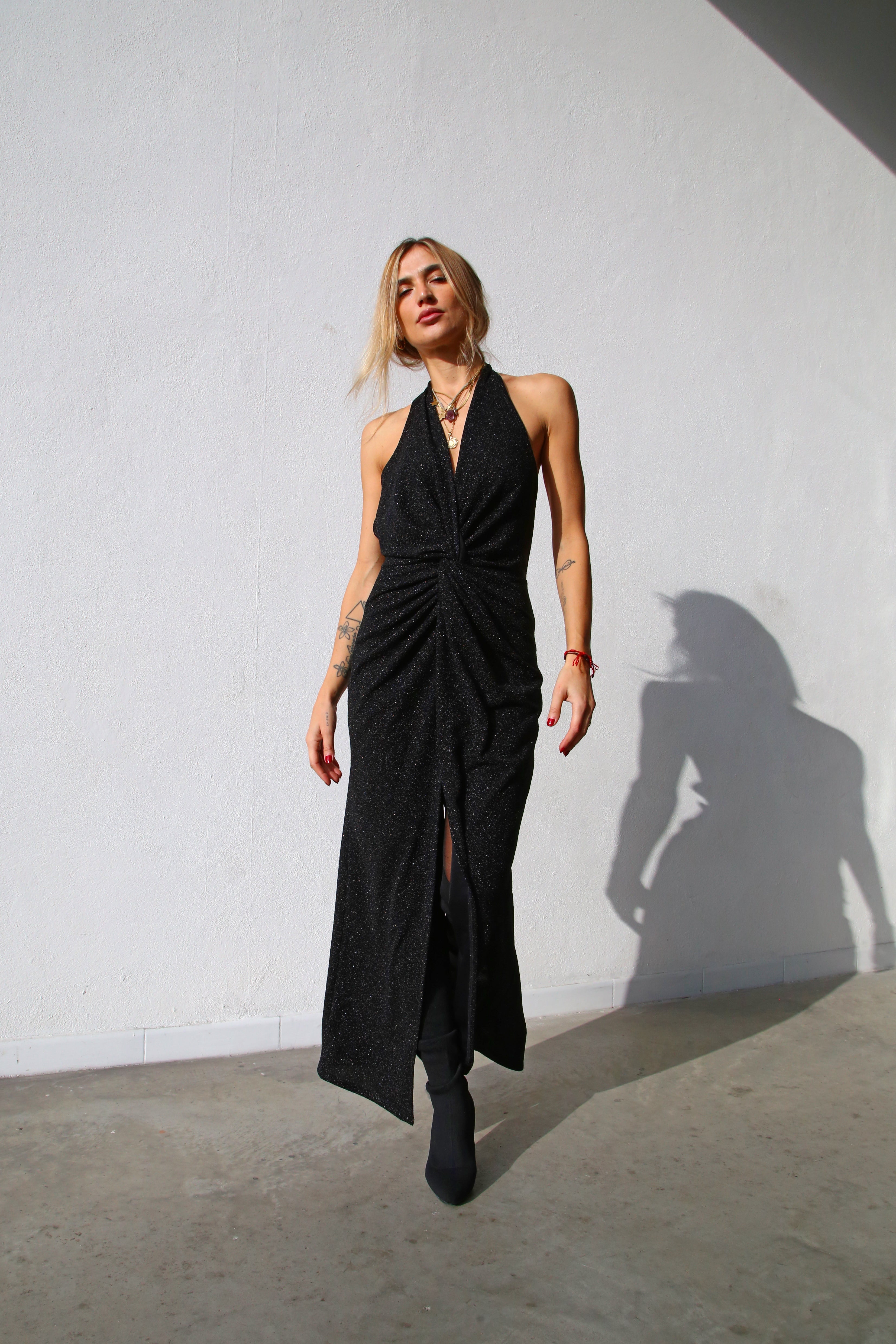 P6163 ABITO LUNGO NODO ALLACCIATO AL COLLO LUREX NERO