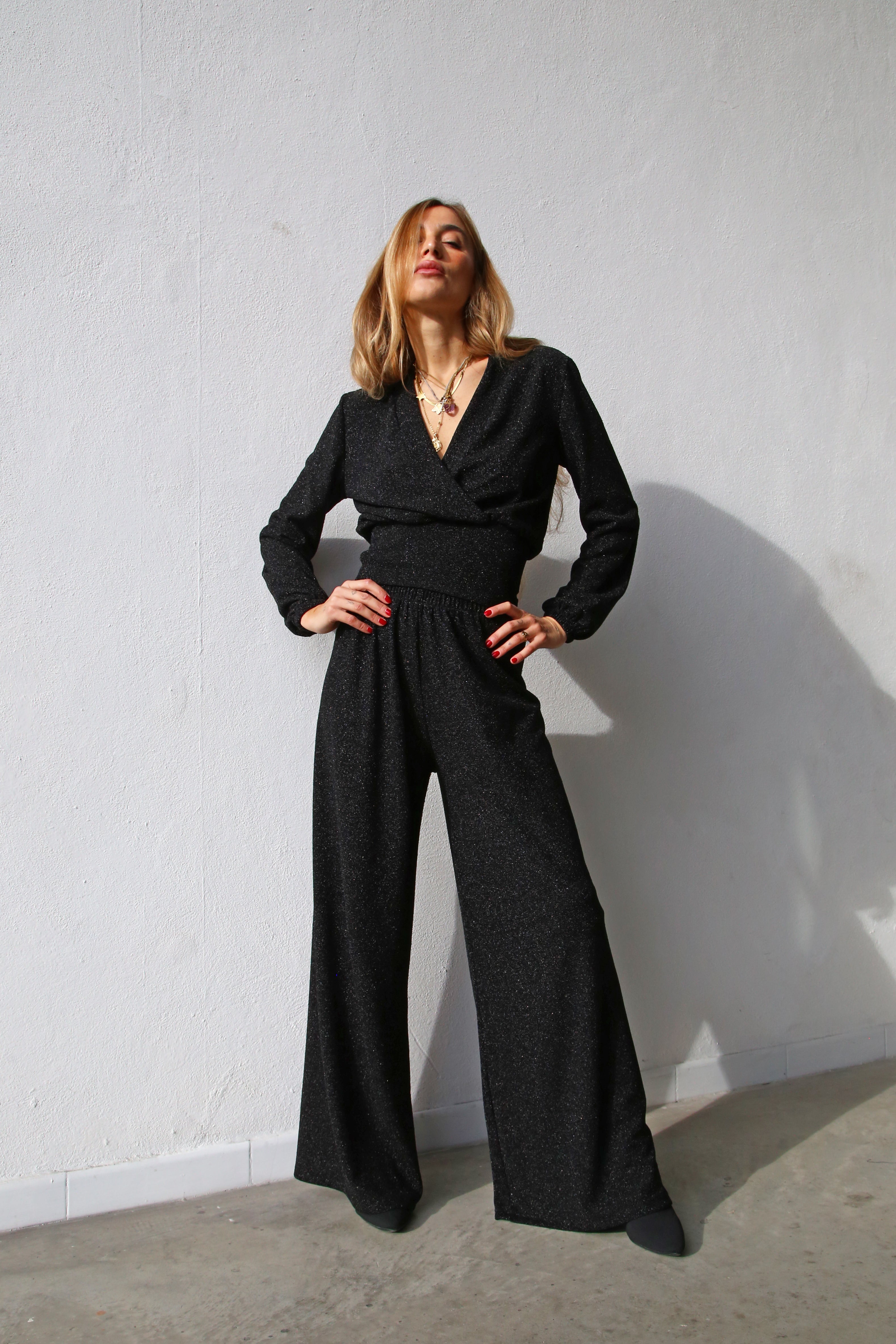 A3052 PANTALONE SCAMPANATO LUREX NERO