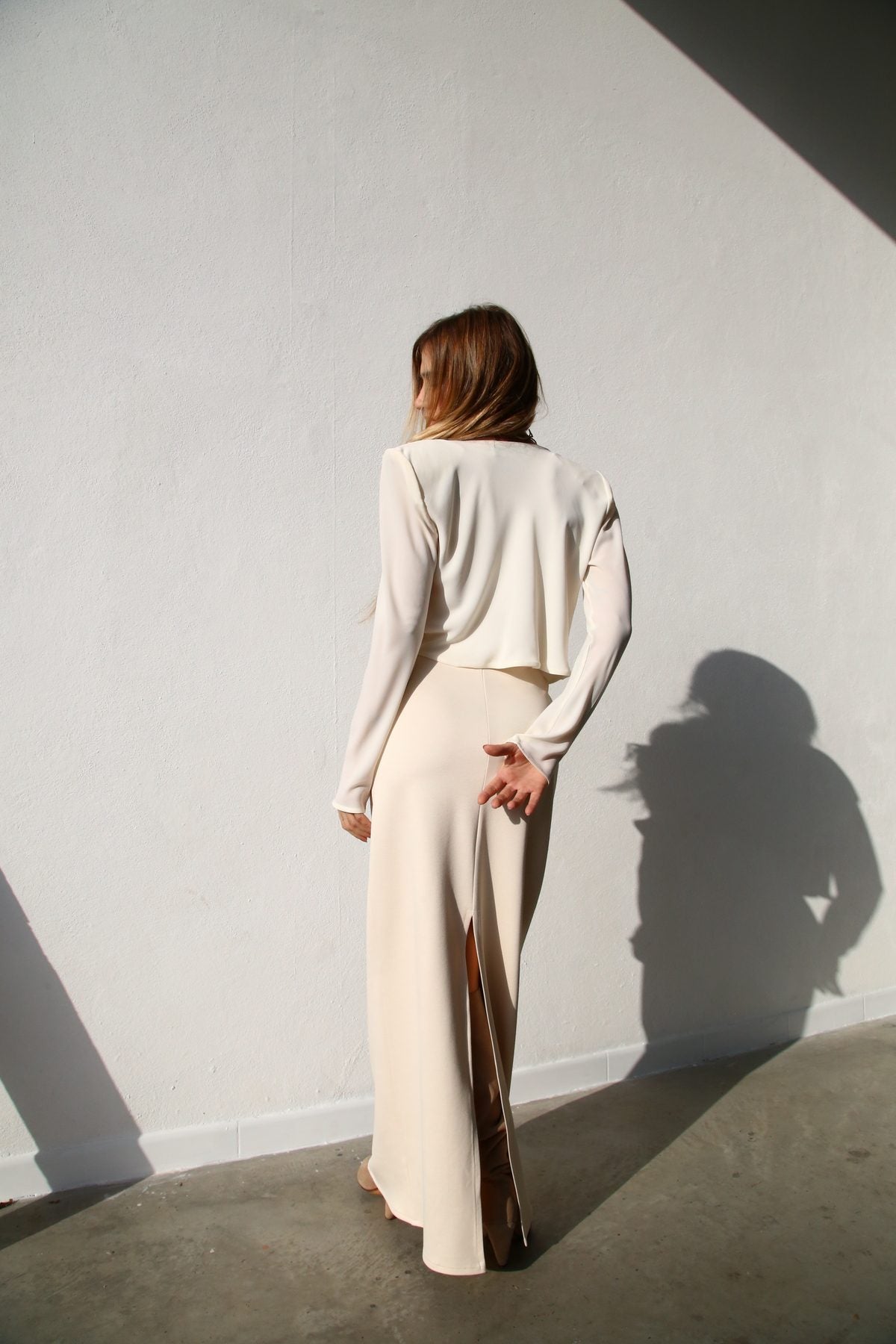 W5064 Gonna lunga colonna crepe crema