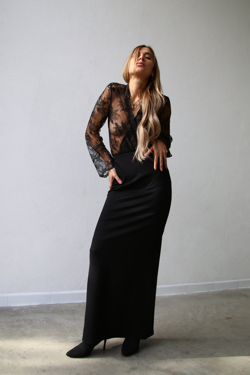 W5064 Gonna lunga colonna crepe nero