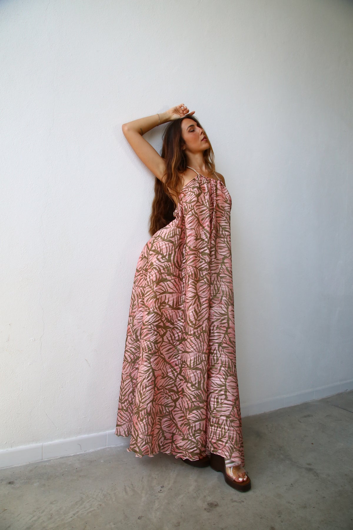 E2156 ABITO AMPIO AMERICANA CON CATENA F7 LUREX PESCA FOGLIE VERDI