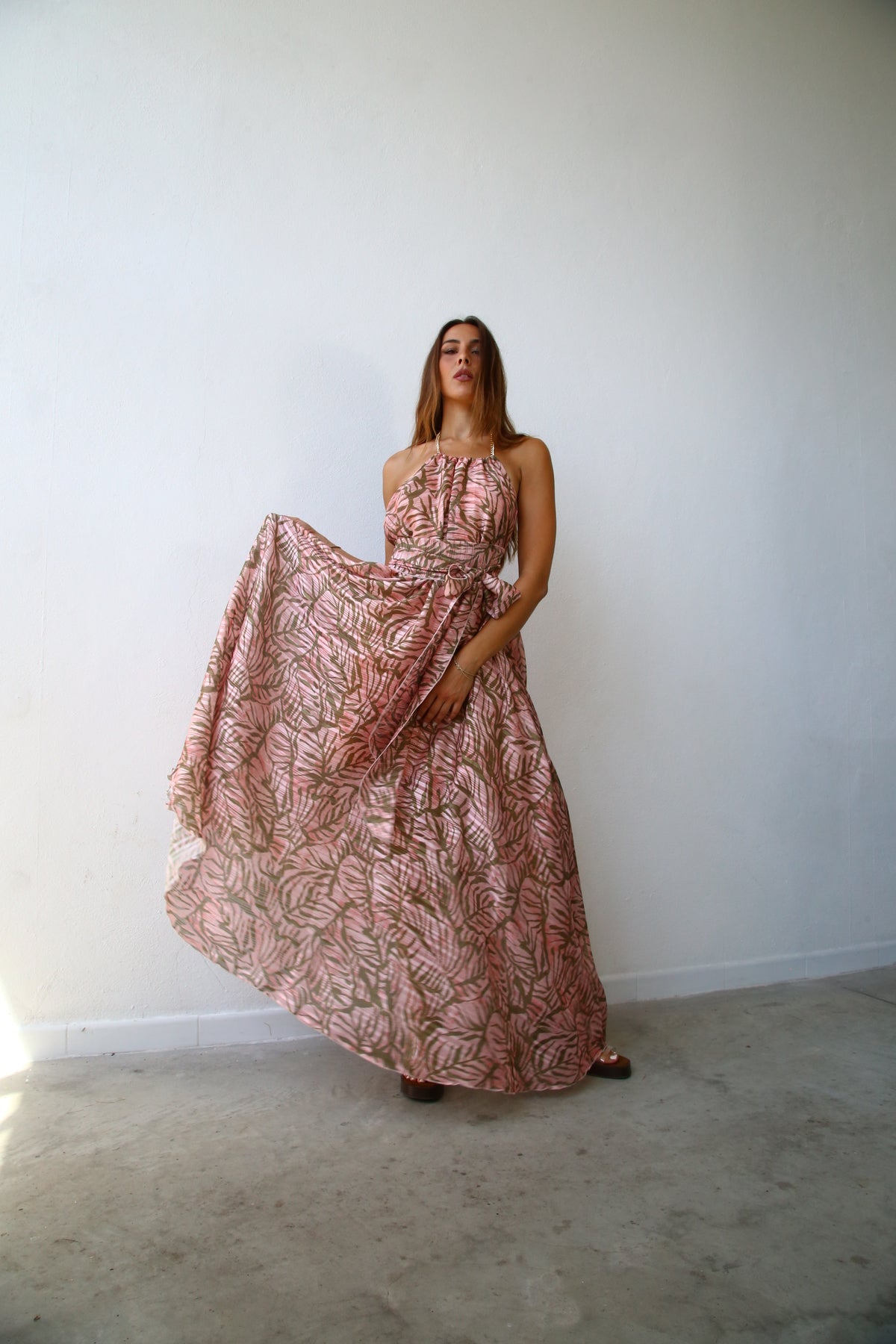 E2156 ABITO AMPIO AMERICANA CON CATENA F7 LUREX PESCA FOGLIE VERDI