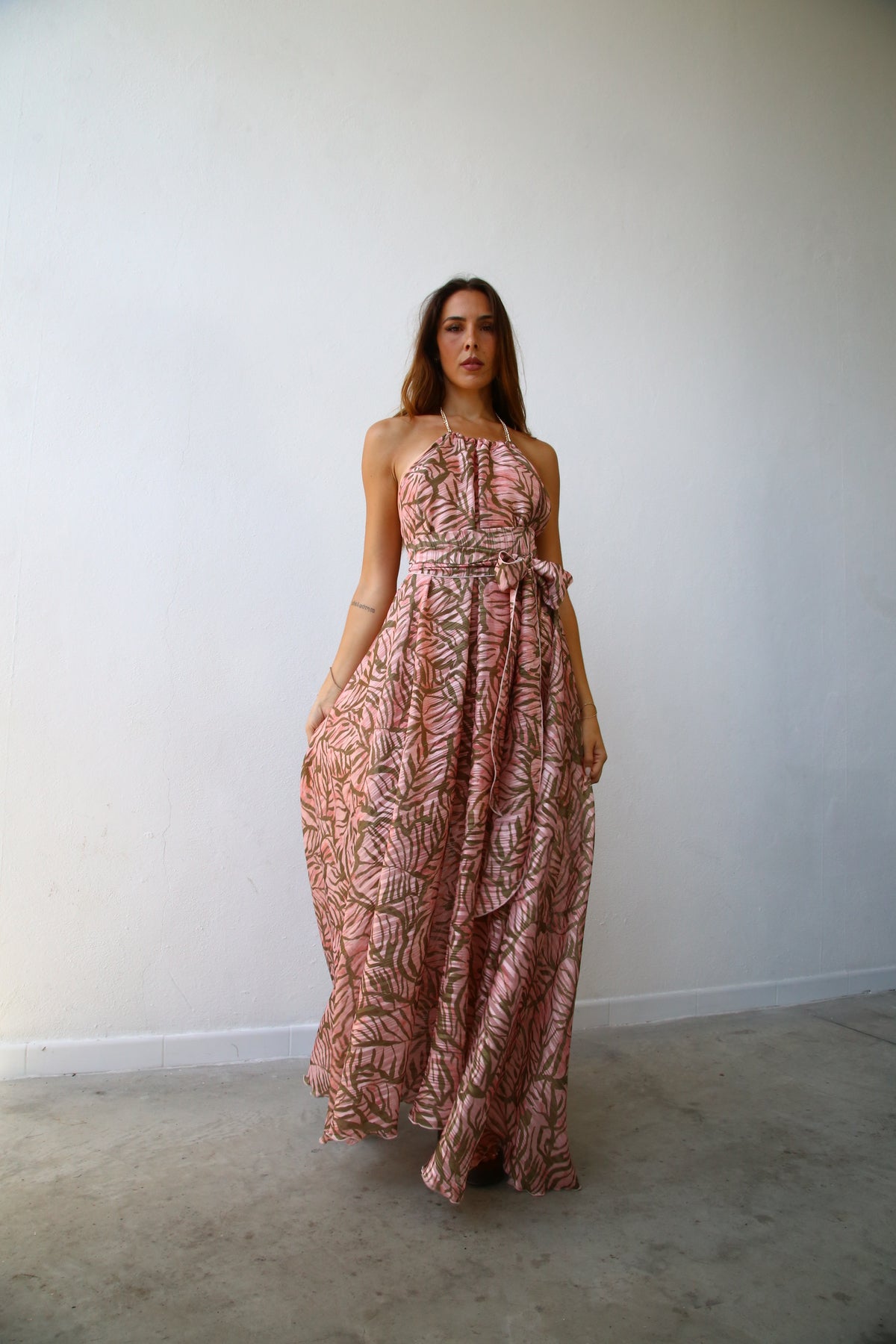 E2156 ABITO AMPIO AMERICANA CON CATENA F7 LUREX PESCA FOGLIE VERDI