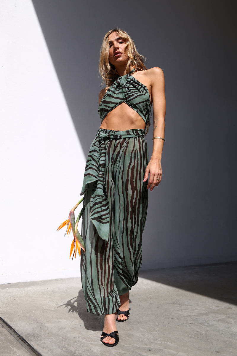 E2058 PANTALONI AMPI CON ELASTICO IN FONDO VOILLE ZEBRA VERDE