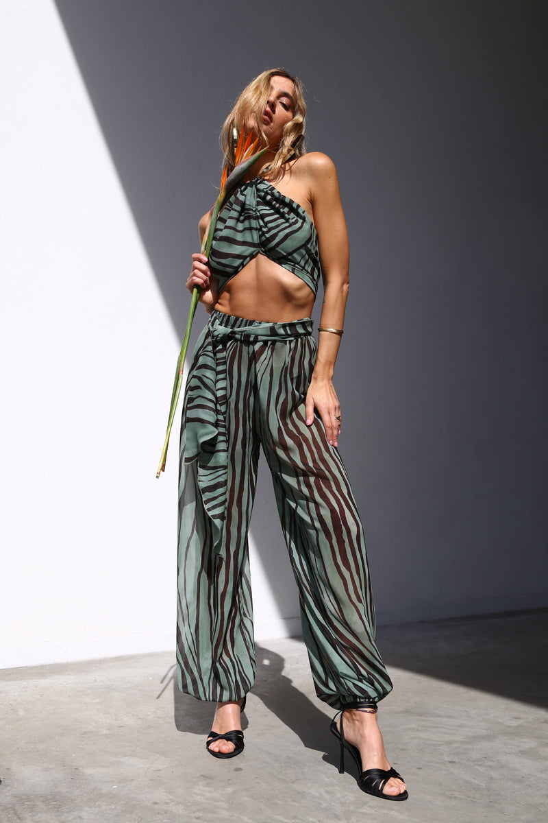 E2058 PANTALONI AMPI CON ELASTICO IN FONDO VOILLE ZEBRA VERDE