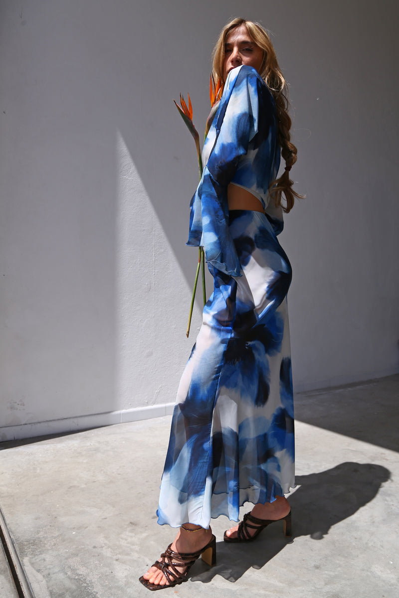 F4020 CAMICIA KIMONO MANICA A RUOTA CON FUSCIACCA VOILLE FANTASIA BOLLI BLU