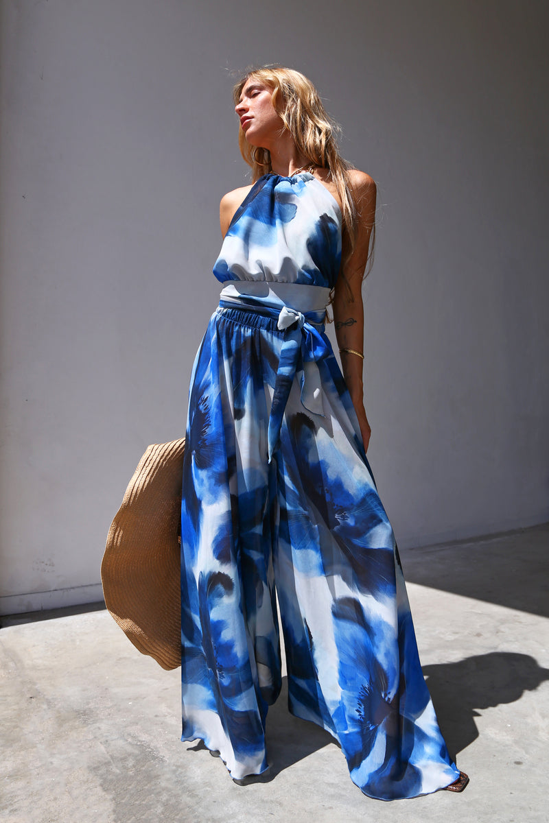 F2054 PANTALONI A RUOTA AMPI VOILLE FANTASIA BOLLI BLU