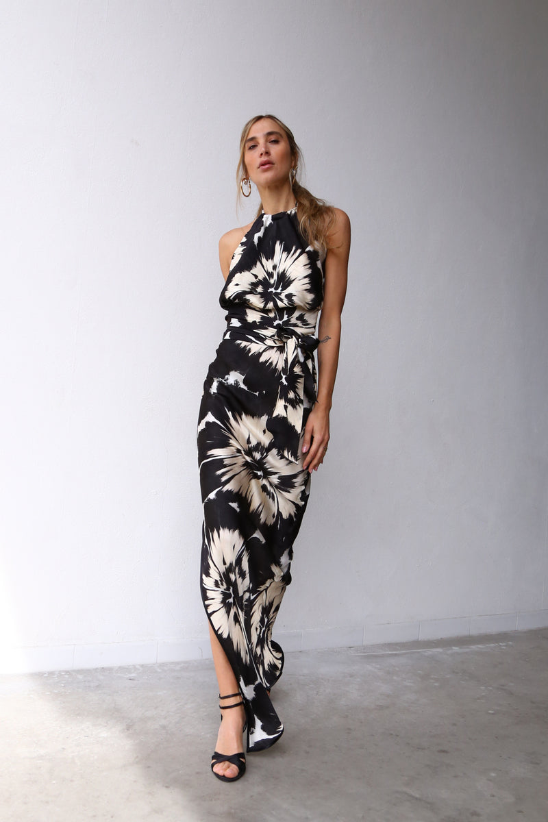 F4064 LONG COLUMN SKIRT WITH SLIT F1 VISCOSE FLORAL BLACK WHITE