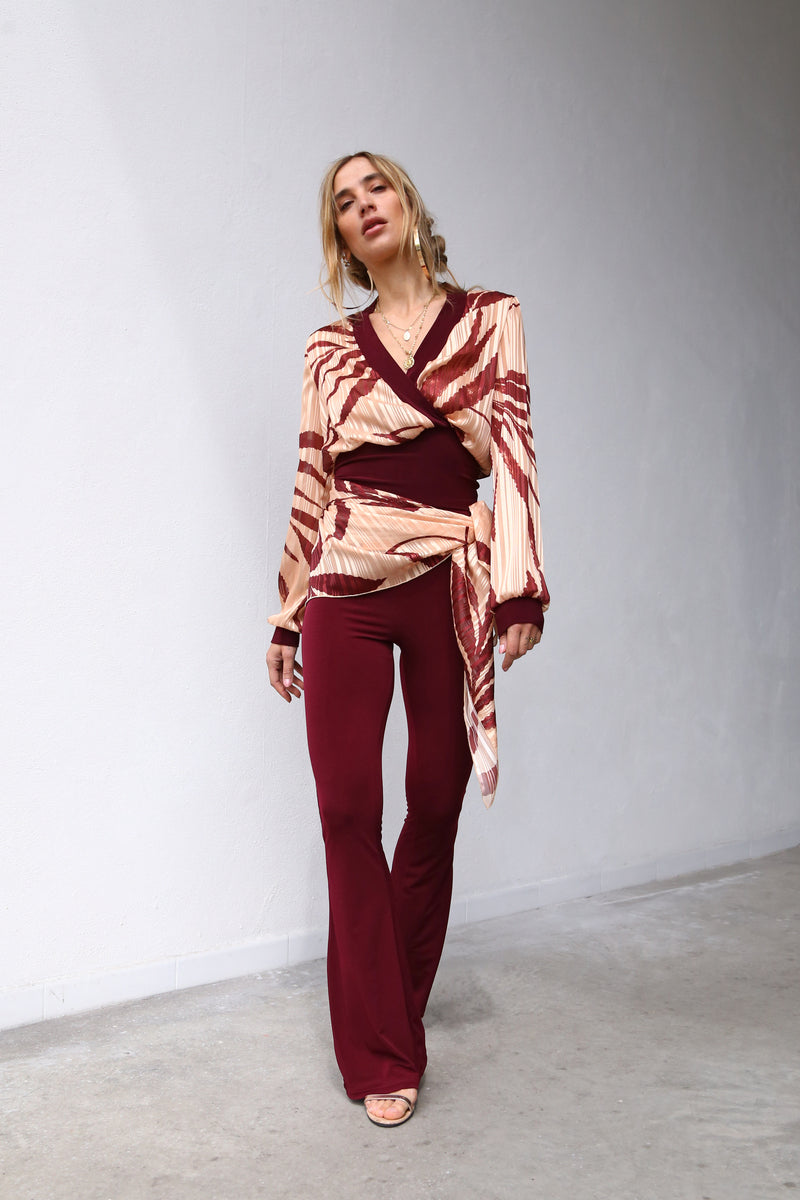 A6048 BURGUNDY MICROFIBER FLARED TROUSERS