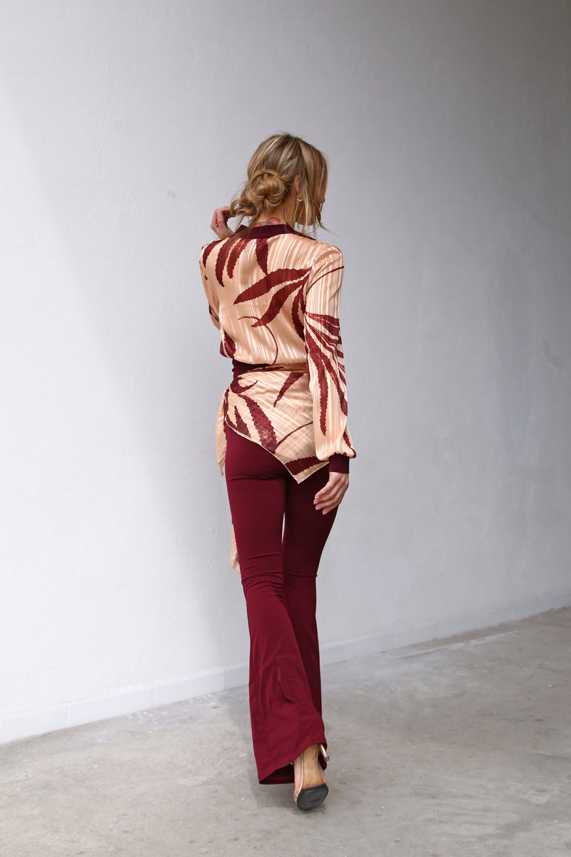 A6048 BURGUNDY MICROFIBER FLARED TROUSERS