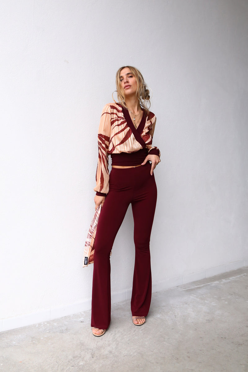 A6048 BURGUNDY MICROFIBER FLARED TROUSERS