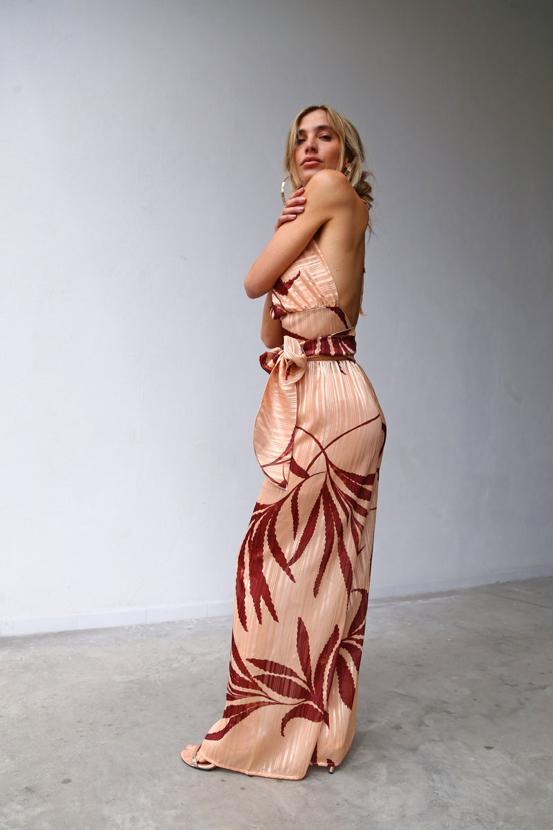 P3052 FLARED TROUSERS DEVOIREE PALMS BORDEAUX DUSTY PINK BACKGROUND