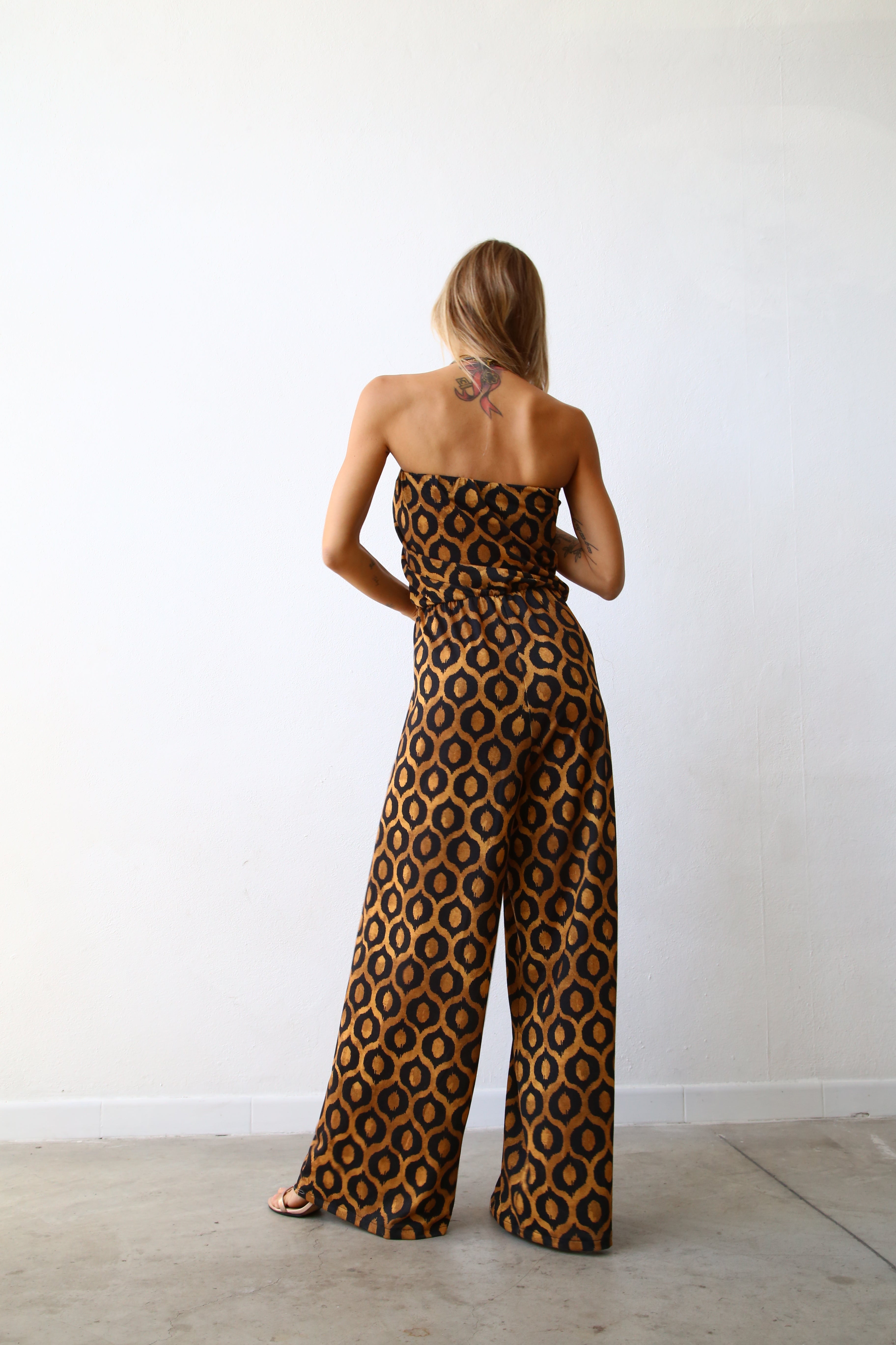 LUREX DIAMOND-PRINT STRAPLESS PALAZZO JUMPSUIT