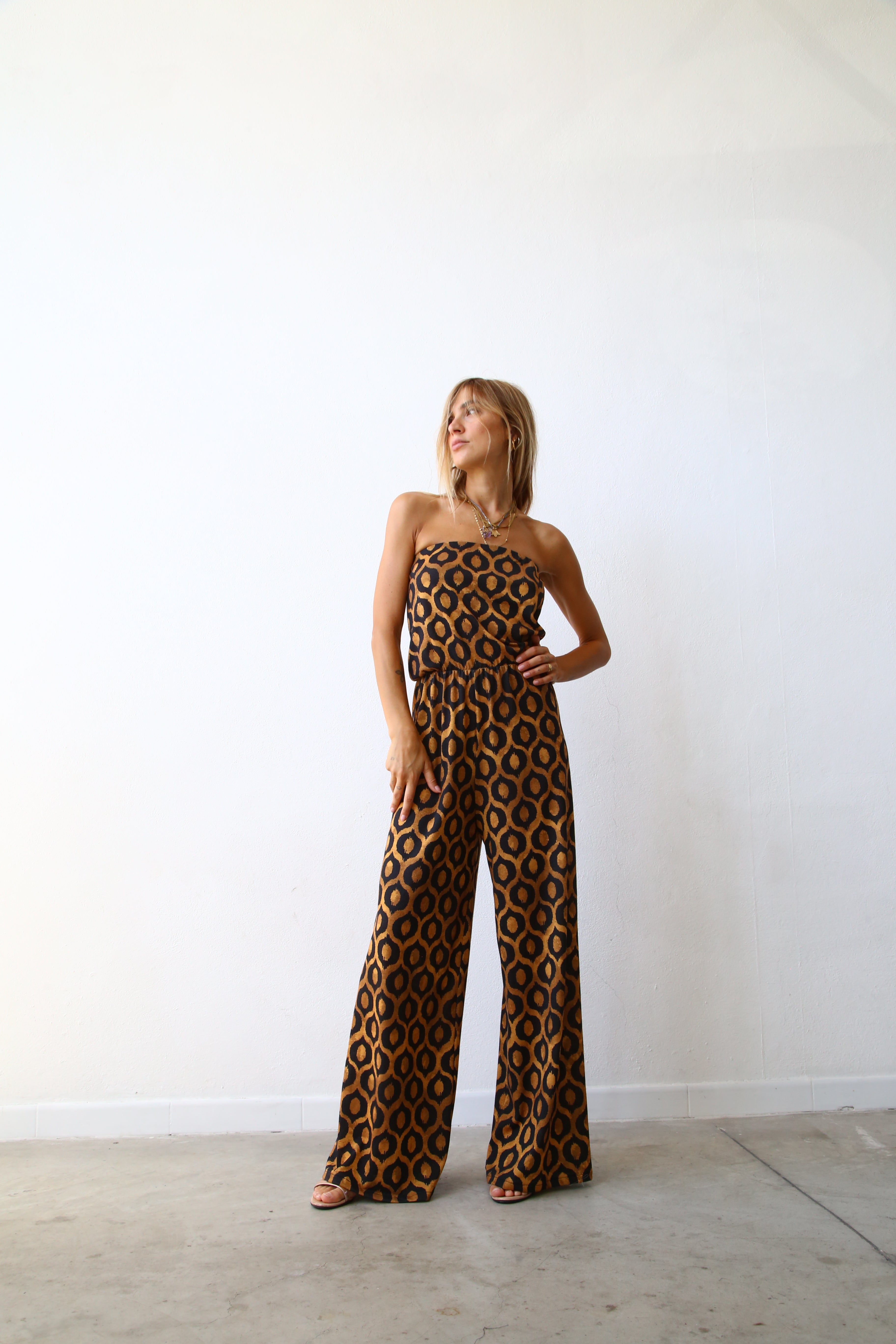 LUREX DIAMOND-PRINT STRAPLESS PALAZZO JUMPSUIT