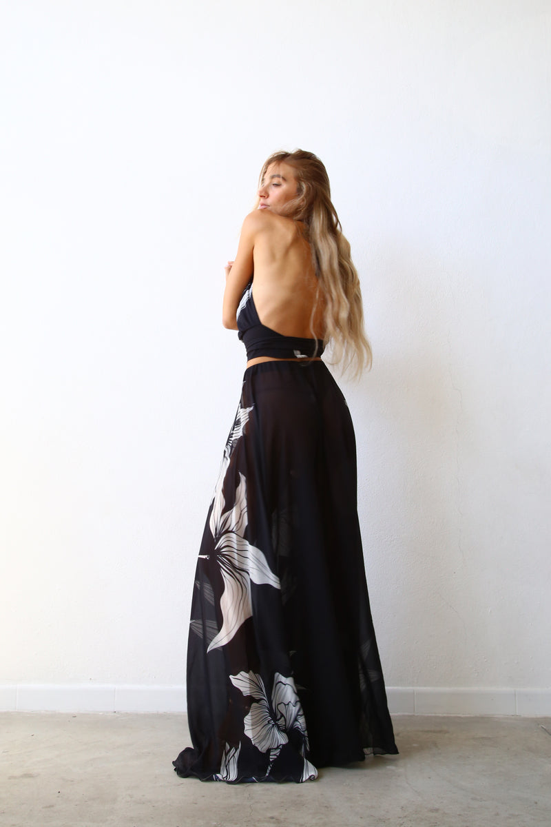 F4054 PANTALONE AMPIO A RUOTA VOILLE BLACK FLOWER