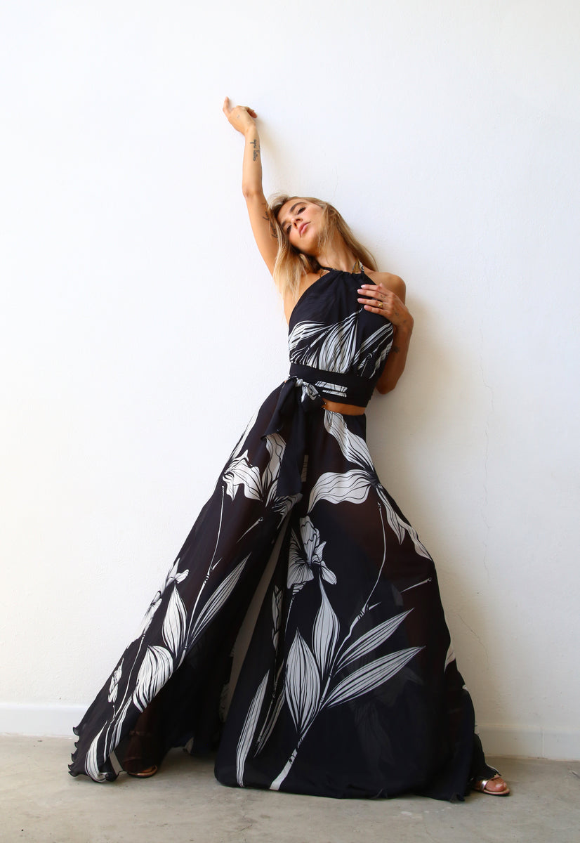 F4054 PANTALONE AMPIO A RUOTA VOILLE BLACK FLOWER