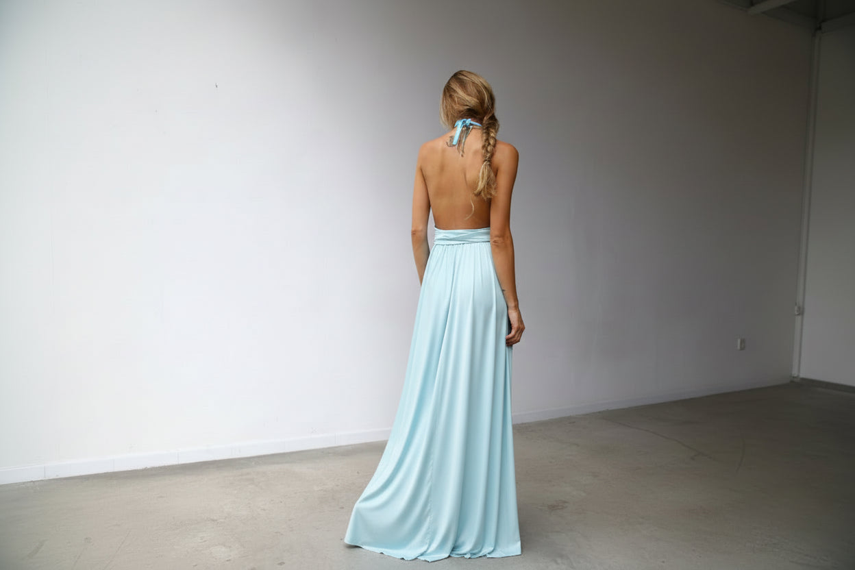 P3169 ABITO LUNGO COPPE MARILYN A RUOTA CON CINTURA AZZURRO CIELO