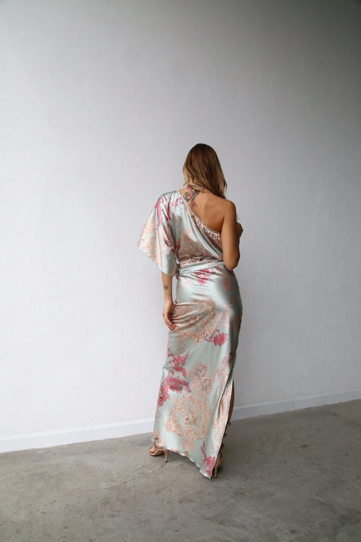 P5175 ABITO LUNGO MONOSPALLA GONNA COLONNA FANTASIA CASHMERE VERDE SPACCO 3/4