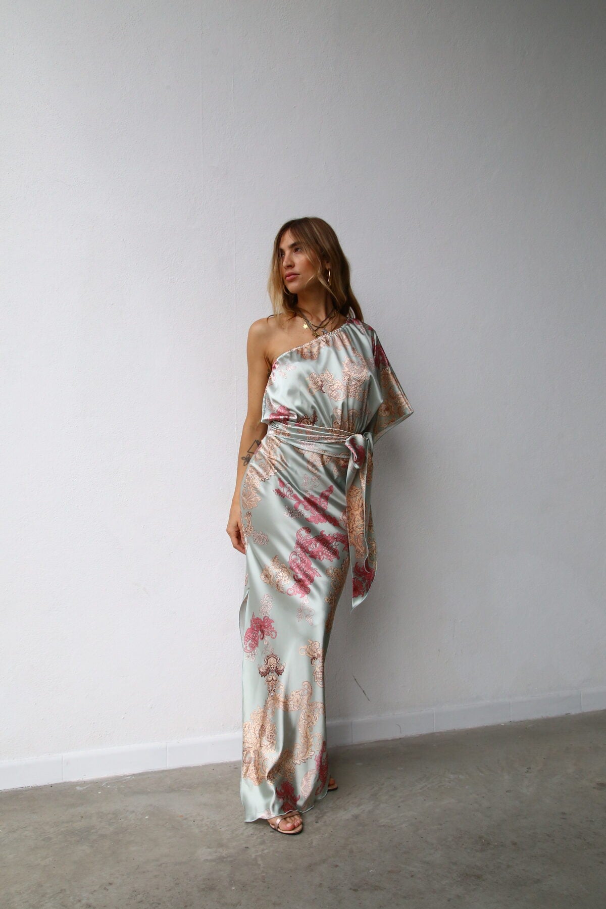 P5175 ABITO LUNGO MONOSPALLA GONNA COLONNA FANTASIA CASHMERE VERDE SPACCO 3/4