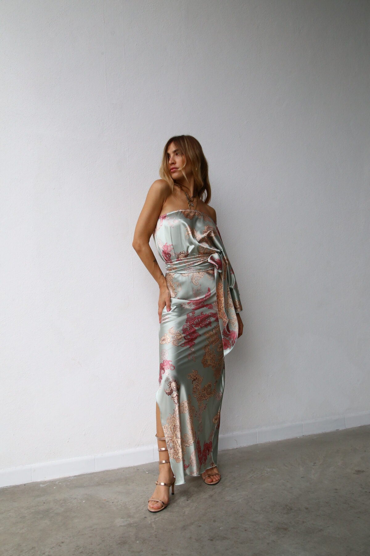 P5175 ABITO LUNGO MONOSPALLA GONNA COLONNA FANTASIA CASHMERE VERDE SPACCO 3/4