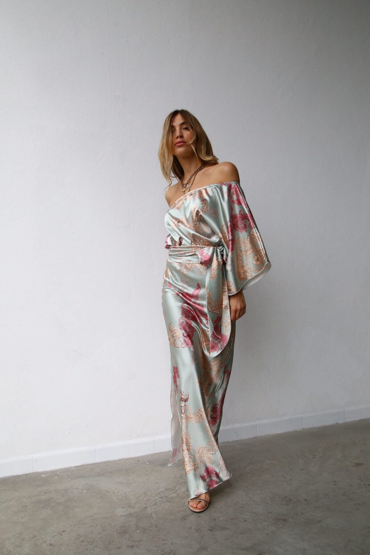 P5175 ABITO LUNGO MONOSPALLA GONNA COLONNA FANTASIA CASHMERE VERDE SPACCO 3/4