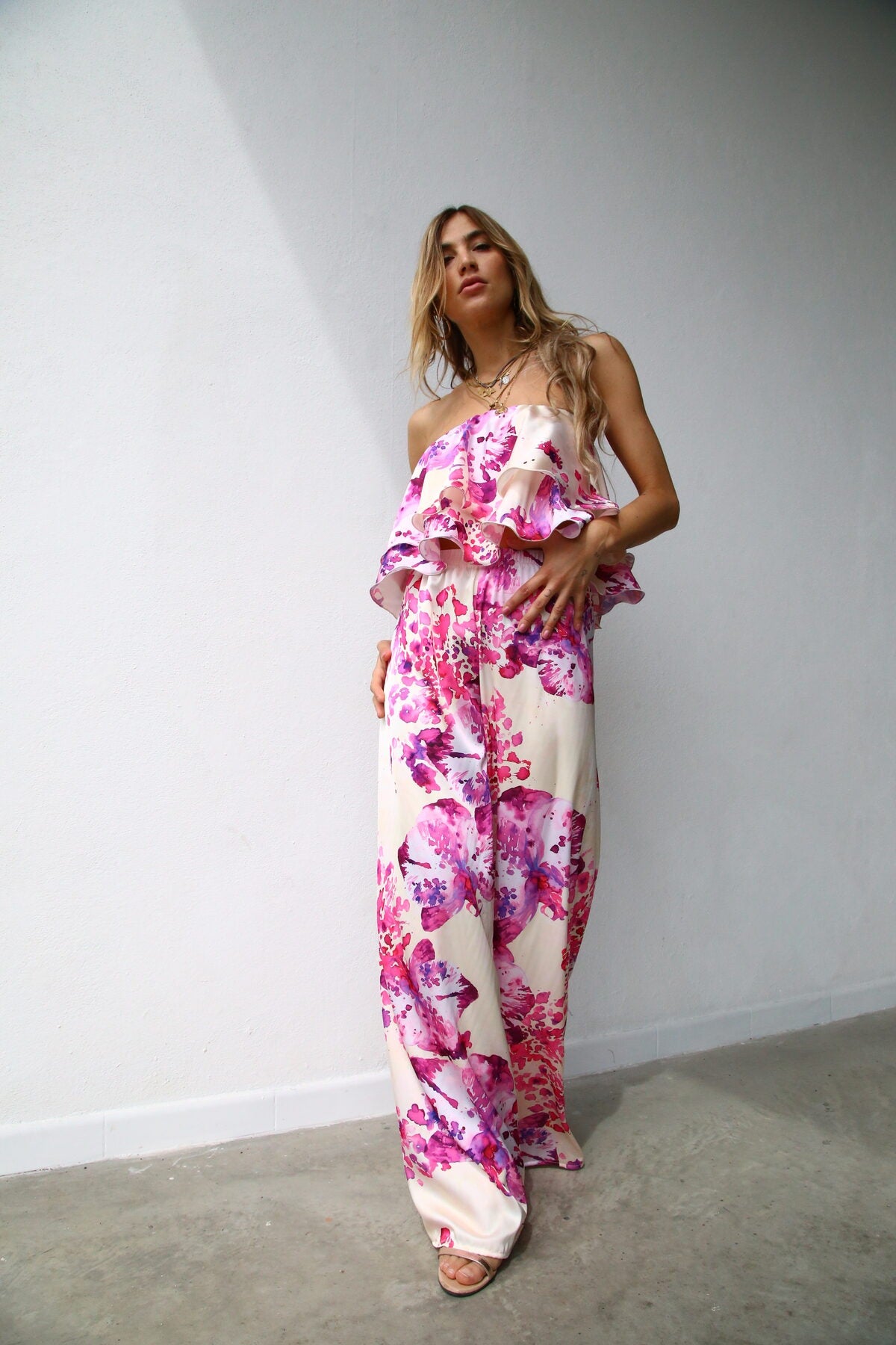 P3052 PANTALONE SCAMPANATO FANTASIA ORCHIDEE FUCSIA