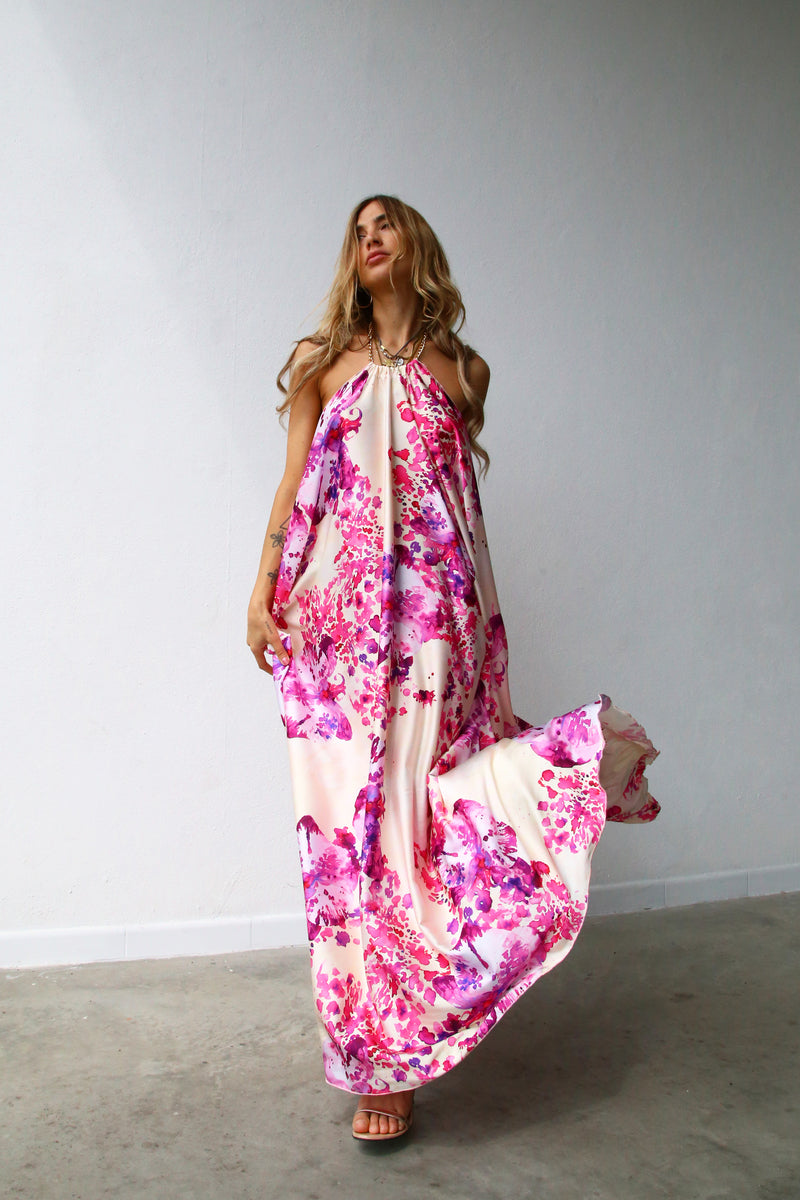 F1156 ABITO LUNGO ALL'AMERICANA CON CATENA ORCHIDEE FUCSIA