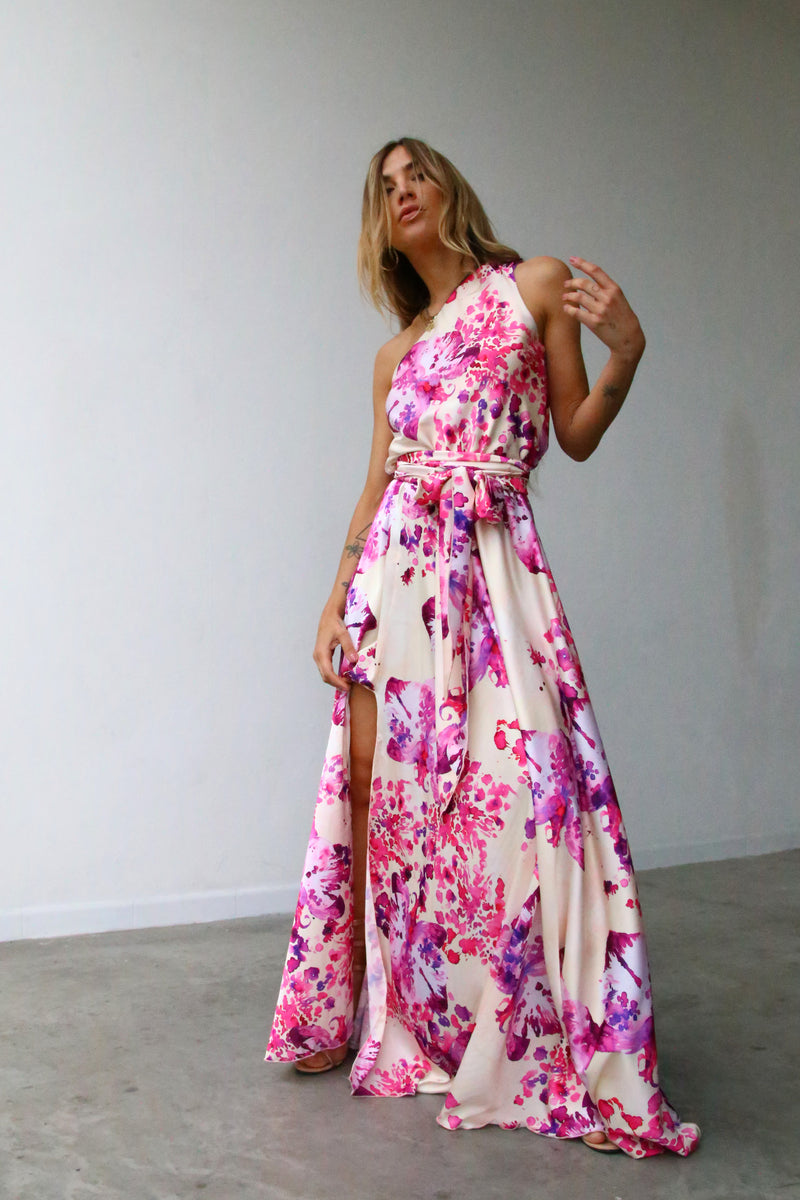 P3160 ABITO LUNGO MONOSPALLA CON CINTURA ORCHIDEE FUCSIA