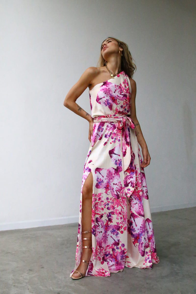 P3160 ABITO LUNGO MONOSPALLA CON CINTURA ORCHIDEE FUCSIA