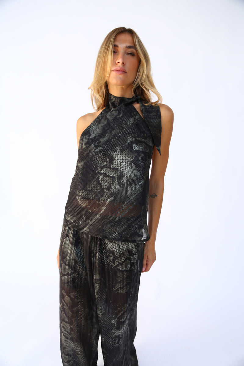 American top with bow collar, devore lurex snake green