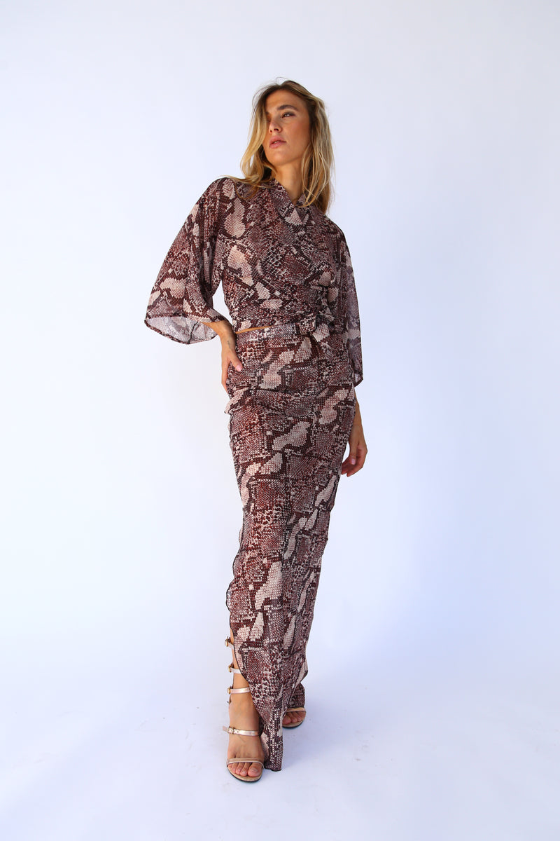 Gonna lunga colonna con spacco voile serpente marrone