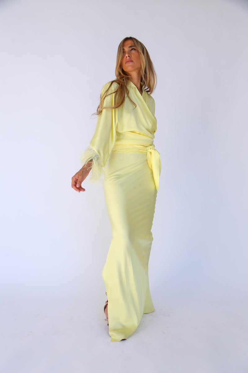 F4064 COLUMN MAXI SKIRT WITH SLIT BROWN PALM TREES