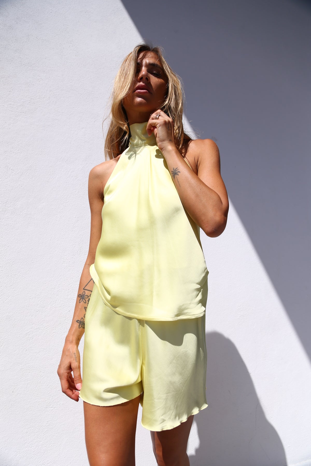Yellow viscose top with bow collar
