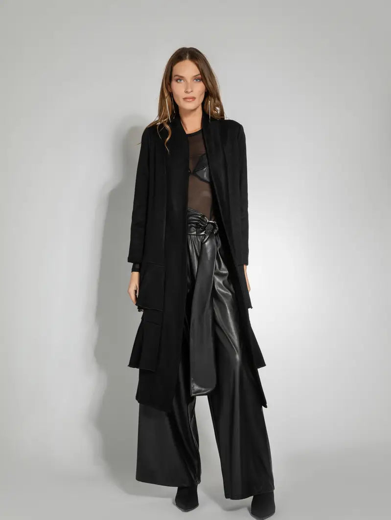 A6052E PANTALONI SCAMPANATI ECOPELLE NERO