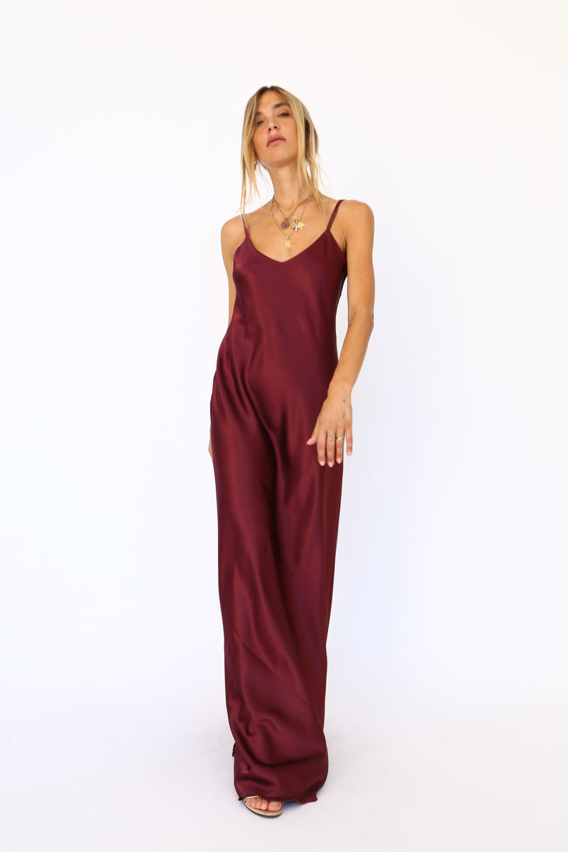 Long spaghetti strap burgundy satin dress