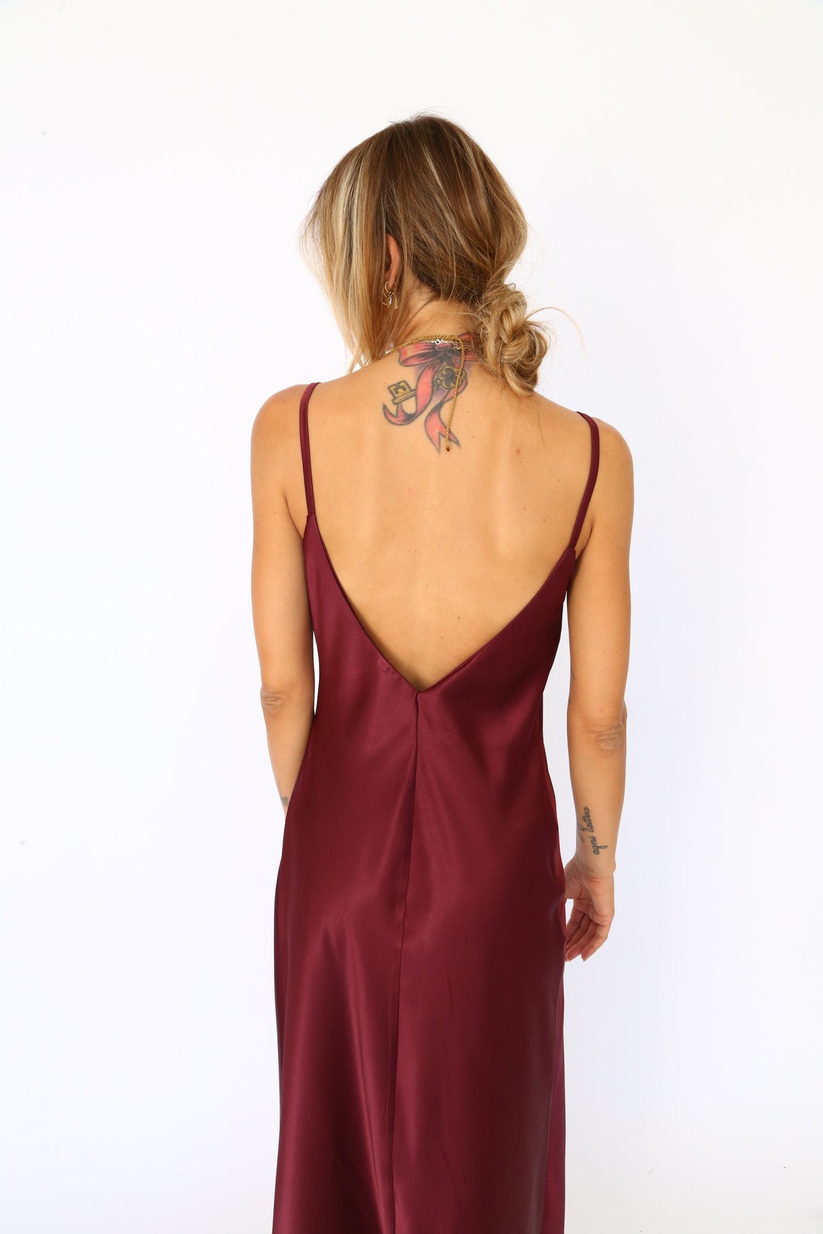 Long spaghetti strap burgundy satin dress