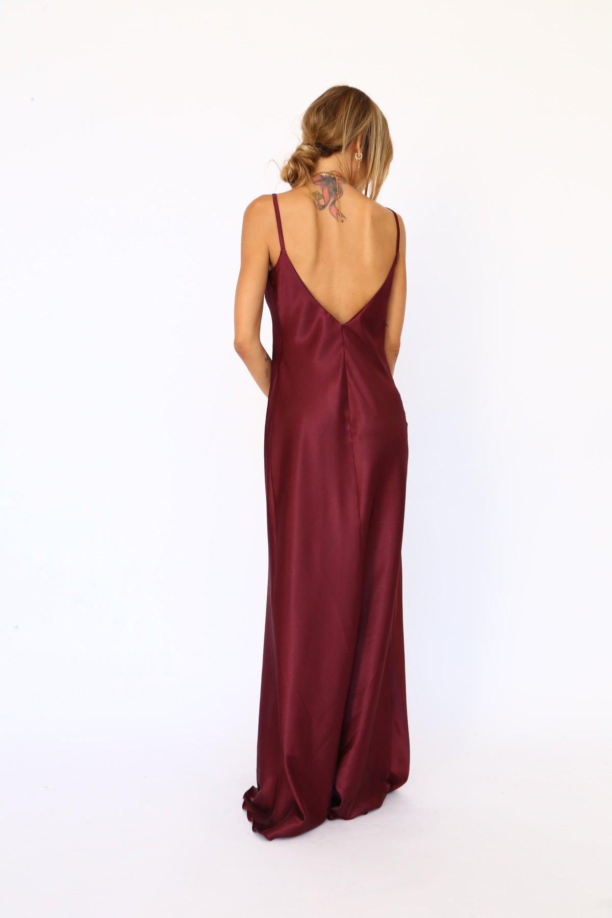 Long spaghetti strap burgundy satin dress
